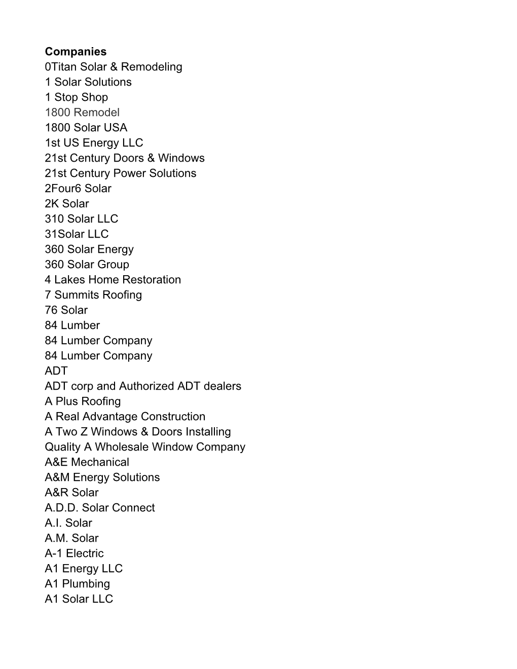 Companies 0Titan Solar & Remodeling 1 Solar Solutions 1 Stop Shop 1800 Remodel 1800 Solar USA 1St US Energy LLC 21St Century