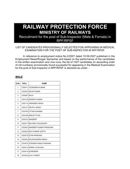 RAILWAY PROTECTION FORCE MINISTRY of RAILWAYS Recruitment for the Post of Sub-Inspector (Male & Female) in RPF/RPSF