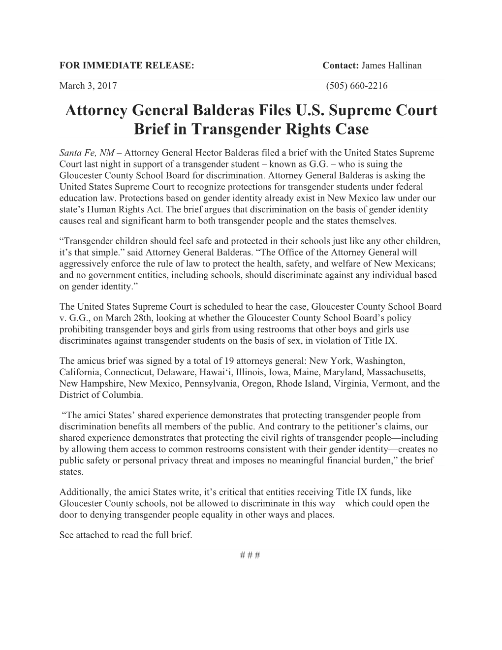 Attorney General Balderas Files U.S. Supreme Court Brief in Transgender Rights Case