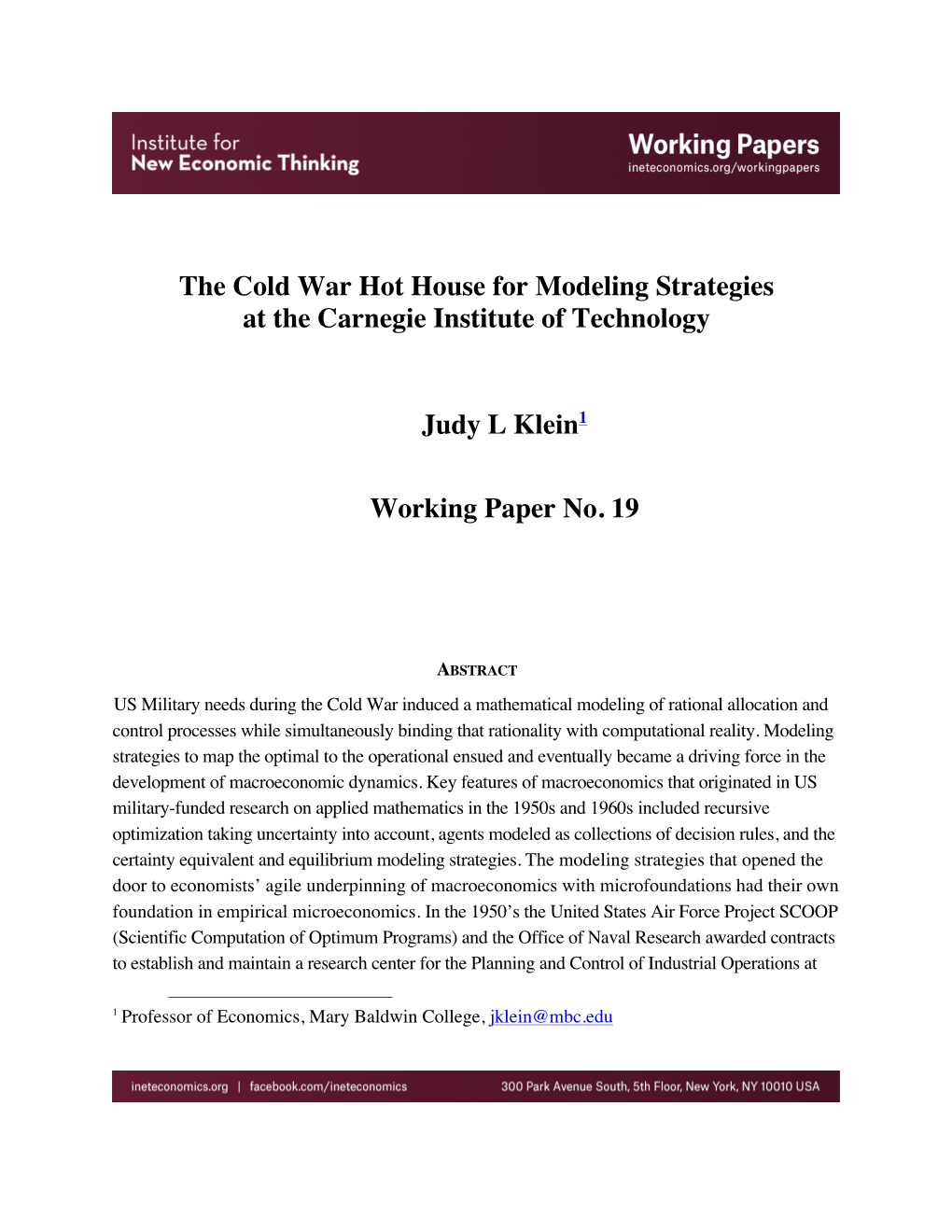 The Cold War Hot House for Modeling Strategies at the Carnegie Institute of Technology