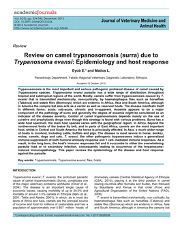 Review on Camel Trypanosomosis (Surra) Due to Trypanosoma Evansi: Epidemiology and Host Response