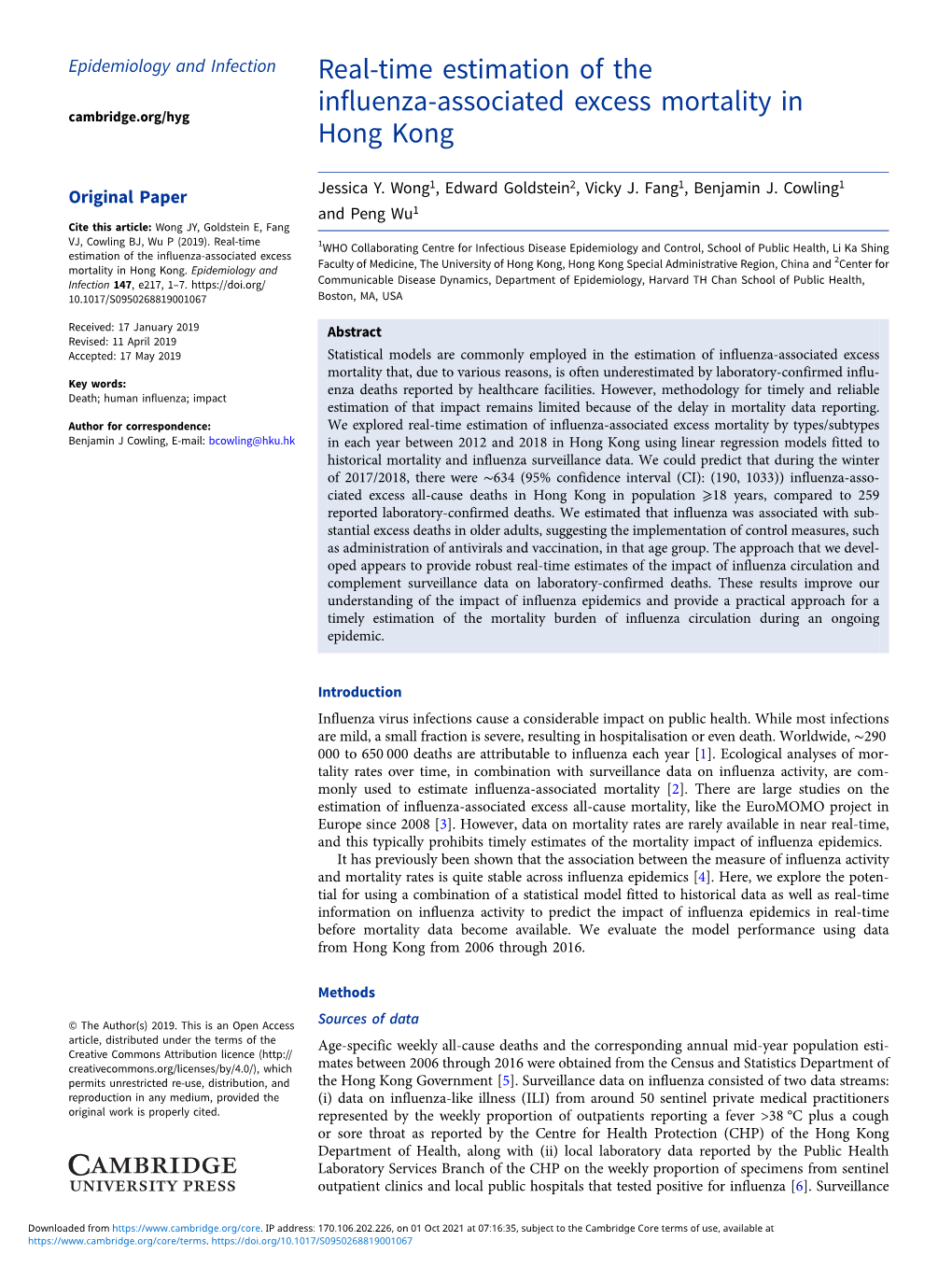 Real-Time Estimation of the Influenza-Associated Excess Mortality in Cambridge.Org/Hyg Hong Kong