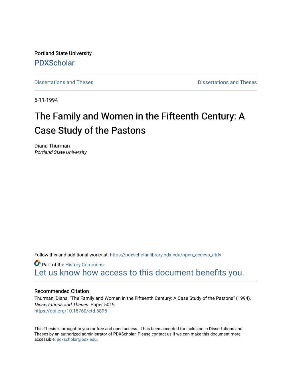 The Family and Women in the Fifteenth Century: a Case Study of the Pastons