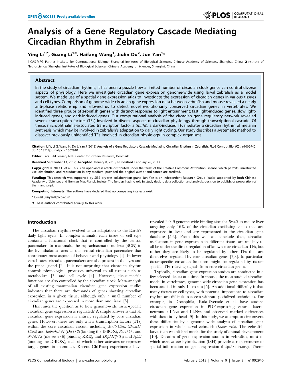 Analysis of a Gene Regulatory Cascade Mediating Circadian Rhythm in Zebrafish