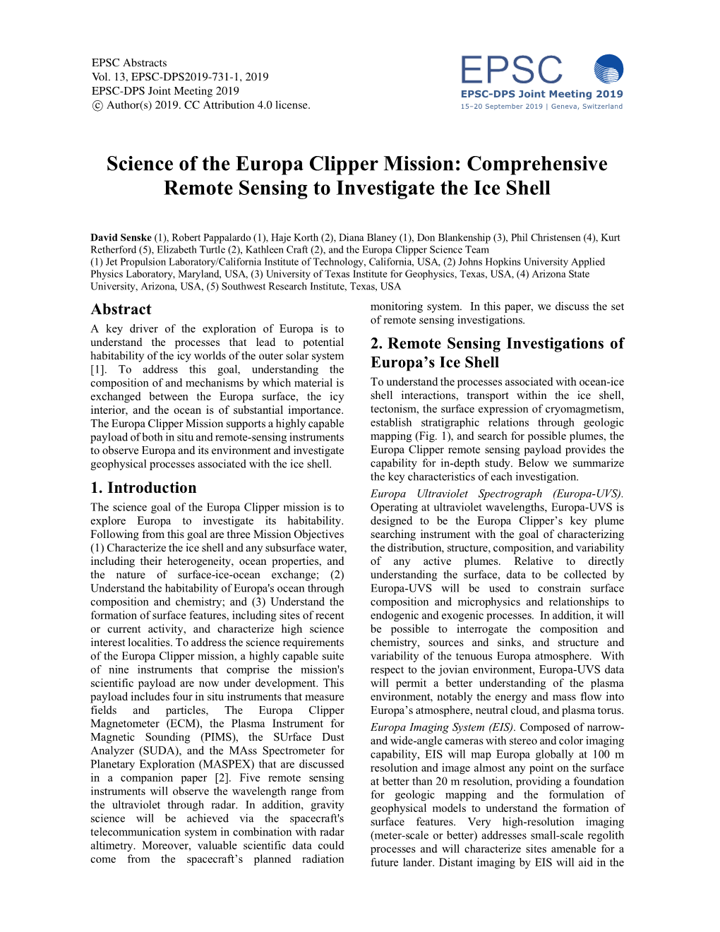 Science of the Europa Clipper Mission: Comprehensive Remote Sensing to Investigate the Ice Shell