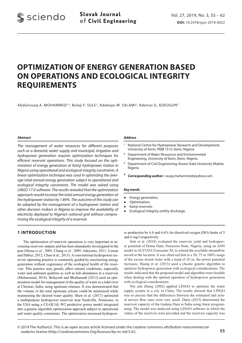 Optimization of Energy Generation Based on Operations and Ecological Integrity Requirements