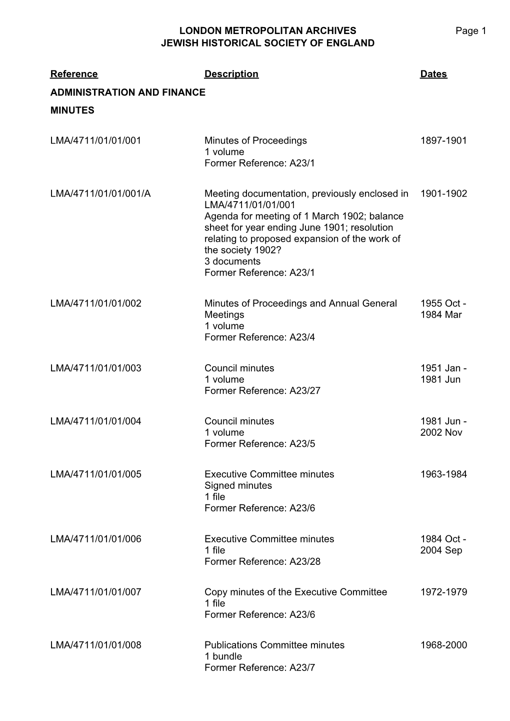 LONDON METROPOLITAN ARCHIVES JEWISH HISTORICAL SOCIETY of ENGLAND LMA/4711 Page 1 Reference Description Dates ADMINISTRATION