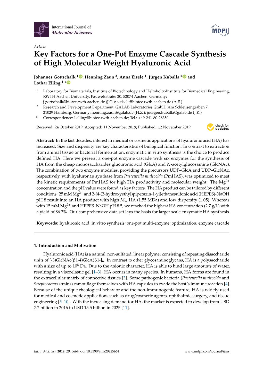 Key Factors for a One-Pot Enzyme Cascade Synthesis of High Molecular Weight Hyaluronic Acid