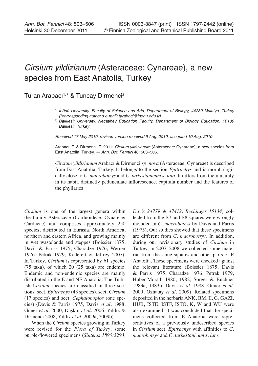 Cirsium Yildizianum (Asteraceae: Cynareae), a New Species from East Anatolia, Turkey