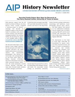 History Newsletter CENTER for HISTORY of PHYSICS&NIELS BOHR LIBRARY & ARCHIVES Vol