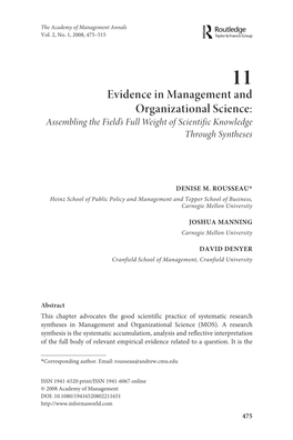 Evidence in Management and Organizational Science: Assembling the Field’S Full Weight of Scientific Knowledge Through Syntheses