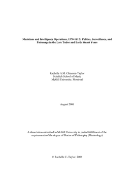 Musicians and Intelligence Operations, 1570-1612: Politics, Surveillance, and Patronage in the Late Tudor and Early Stuart Years