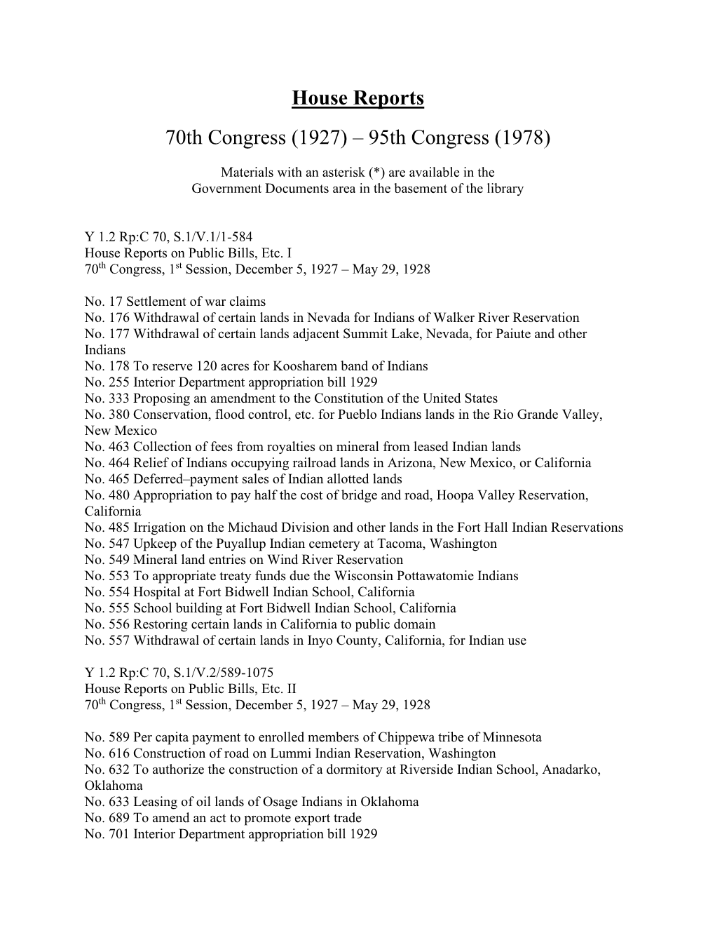 House Reports 70Th Congress (1927) – 95Th Congress (1978)