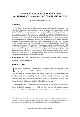 Higher Bureaucracy in Pakistan: an Historical Analysis of Praise and Blame