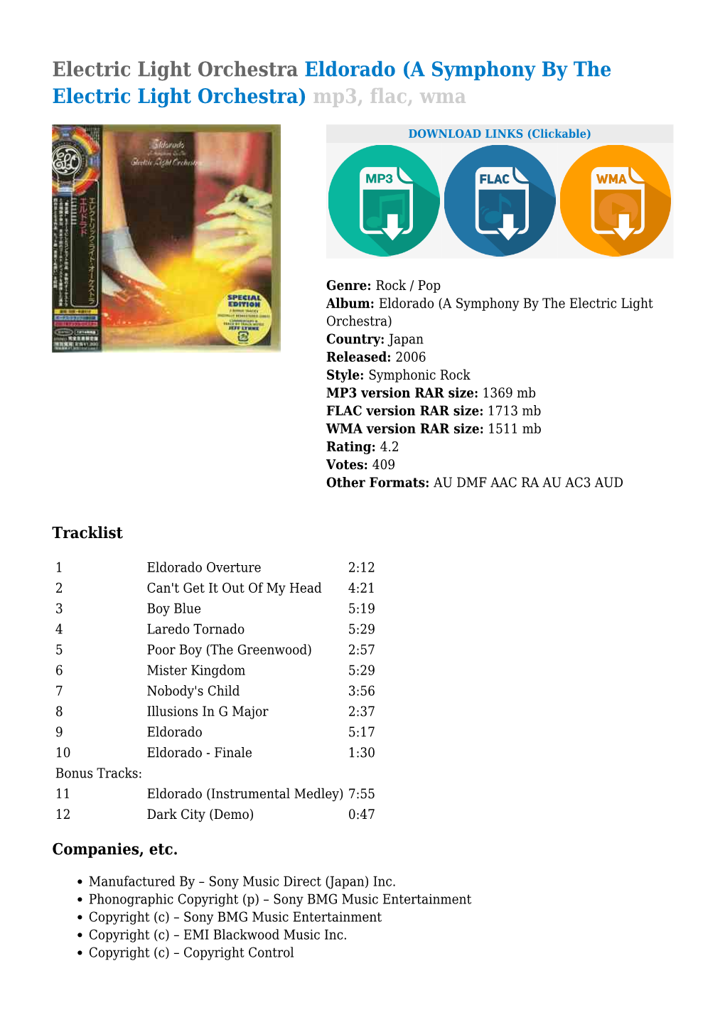 Electric Light Orchestra Eldorado (A Symphony by the Electric Light Orchestra) Mp3, Flac, Wma