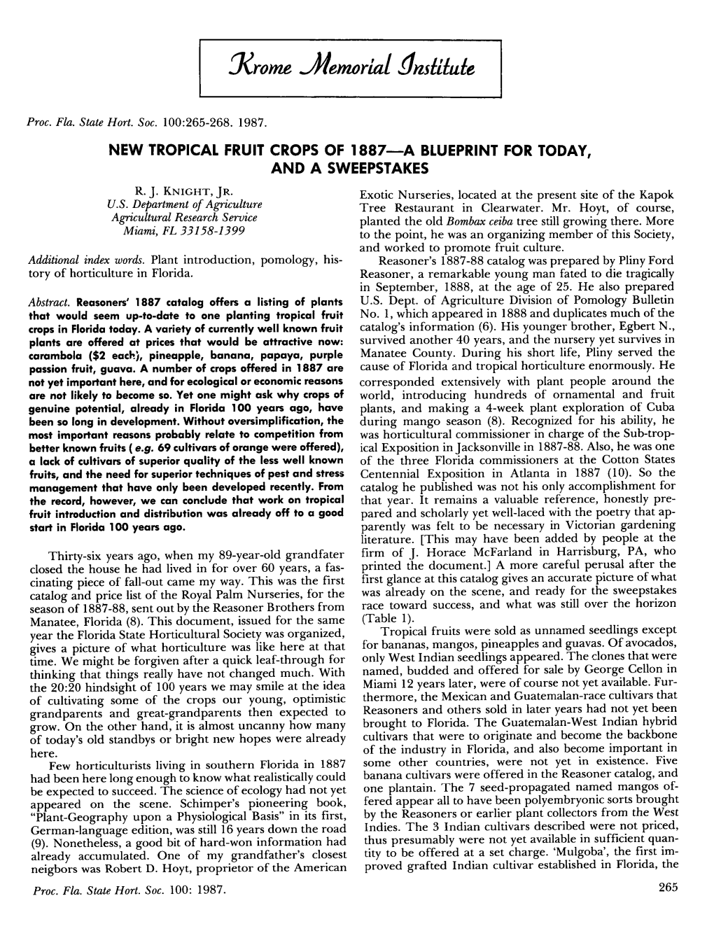 New Tropical Fruit Crops of 1887—A Blueprint for Today, and a Sweepstakes
