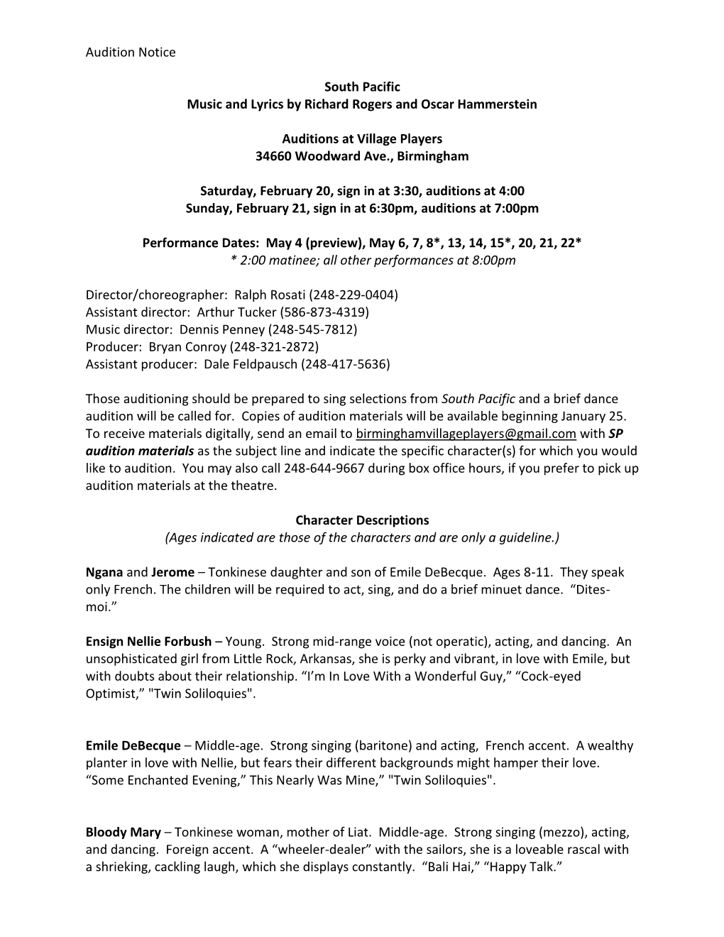 Audition Notice South Pacific Music and Lyrics by Richard Rogers And