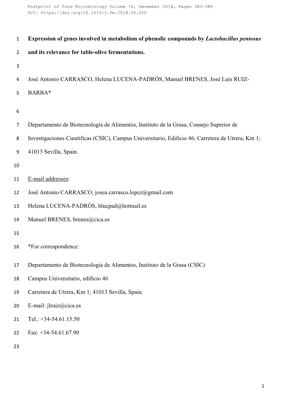 Expression of Genes Involved in Metabolism of Phenolic Compounds by Lactobacillus Pentosus and Its Relevance for Table-Olive