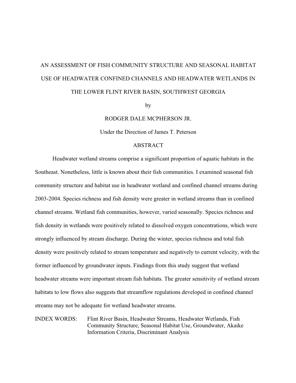 An Assessment of Fish Community Structure and Seasonal Habitat