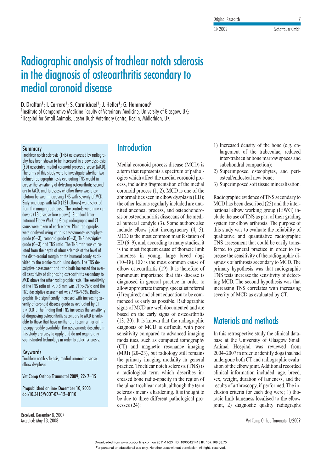 Radiographic Analysis of Trochlear Notch Sclerosis in the Diagnosis of Osteoarthritis Secondary to Medial Coronoid Disease