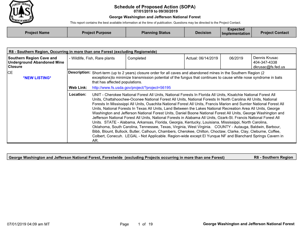 Schedule of Proposed Action (SOPA)