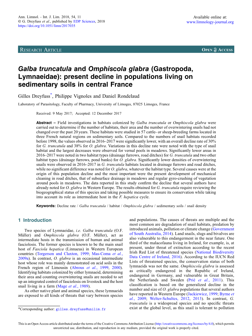 Galba Truncatula and Omphiscola Glabra (Gastropoda, Lymnaeidae): Present Decline in Populations Living on Sedimentary Soils in Central France