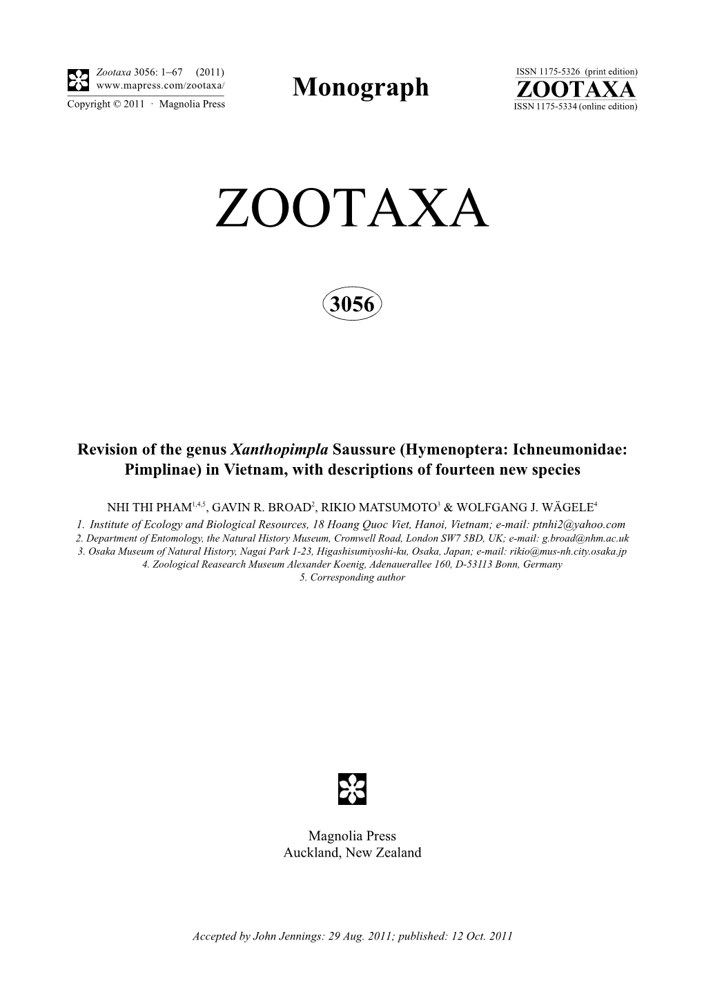 Revision of the Genus Xanthopimpla Saussure (Hymenoptera: Ichneumonidae: Pimplinae) in Vietnam, with Descriptions of Fourteen New Species