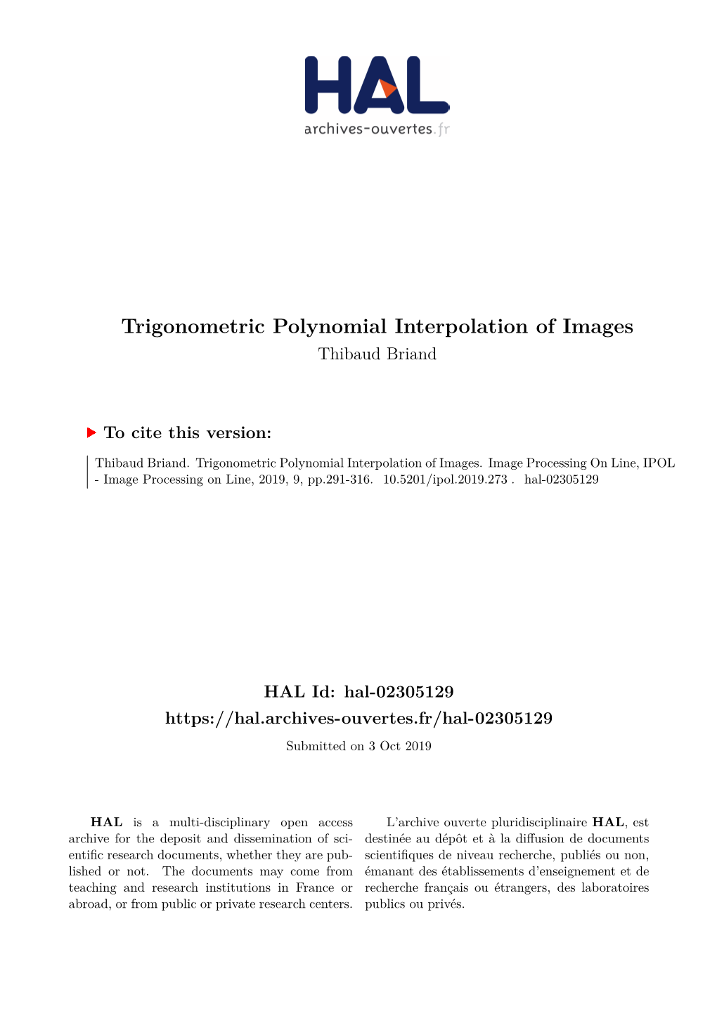Trigonometric Polynomial Interpolation of Images Thibaud Briand
