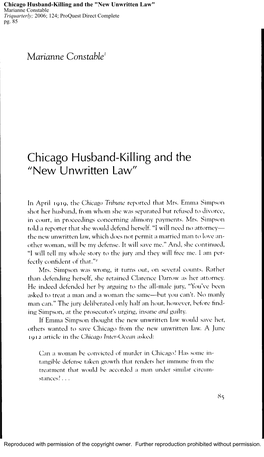 Chicago Husband-Killing and the "New Unwritten Law" Marianne Constable Triquarterly; 2006; 124; Proquest Direct Complete Pg