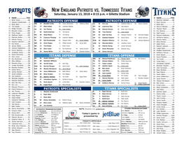 New England Patriots Vs. Tennessee Titans Saturday, January 13, 2018 • 8:15 P.M