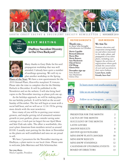 Prickly News South Coast Cactus & Succulent Society Newsletter | November 2019