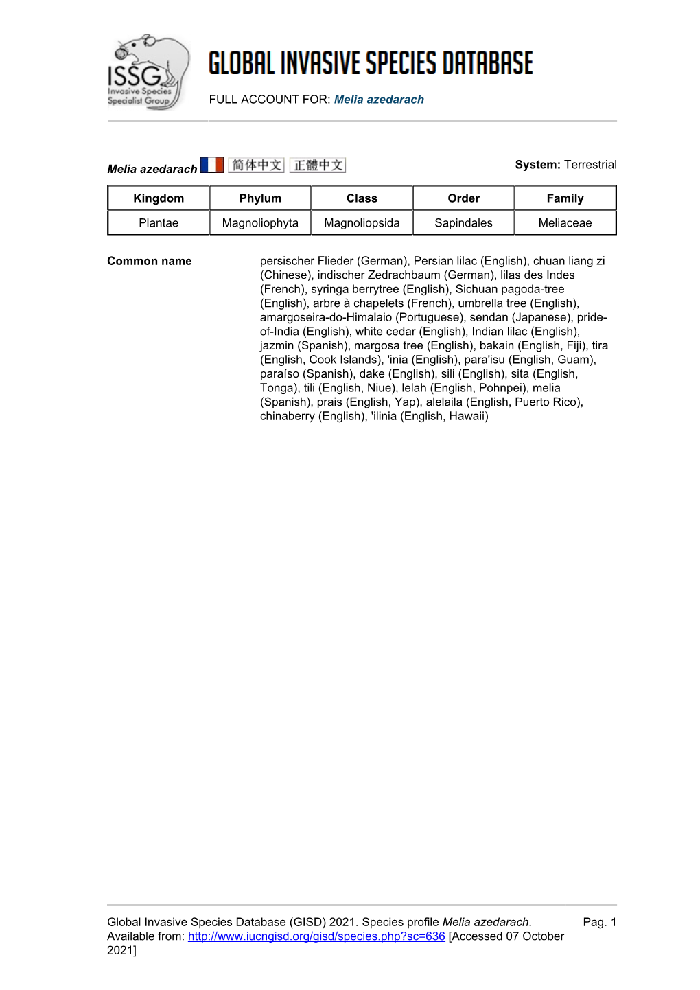 (GISD) 2021. Species Profile Melia Azedarach. Available From