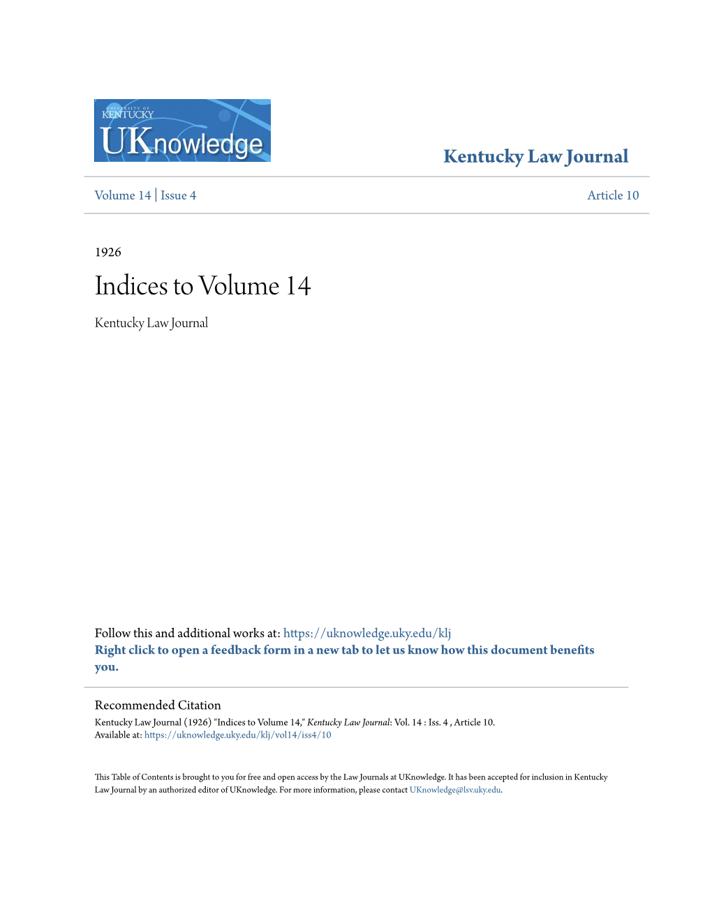 Indices to Volume 14 Kentucky Law Journal