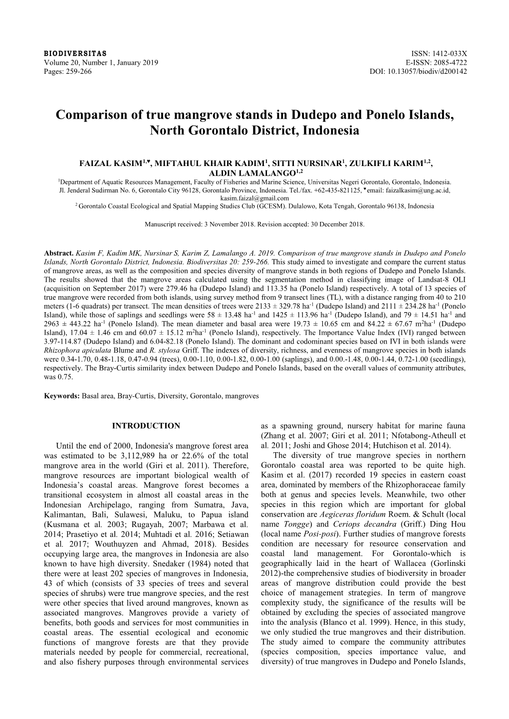 Comparison of True Mangrove Stands in Dudepo and Ponelo Islands, North Gorontalo District, Indonesia