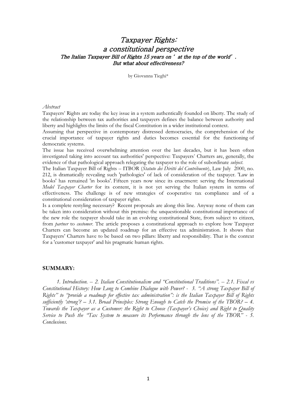 A Constitutional Perspective the Italian Taxpayer Bill of Rights 15 Years on ‘ at the Top of the World’