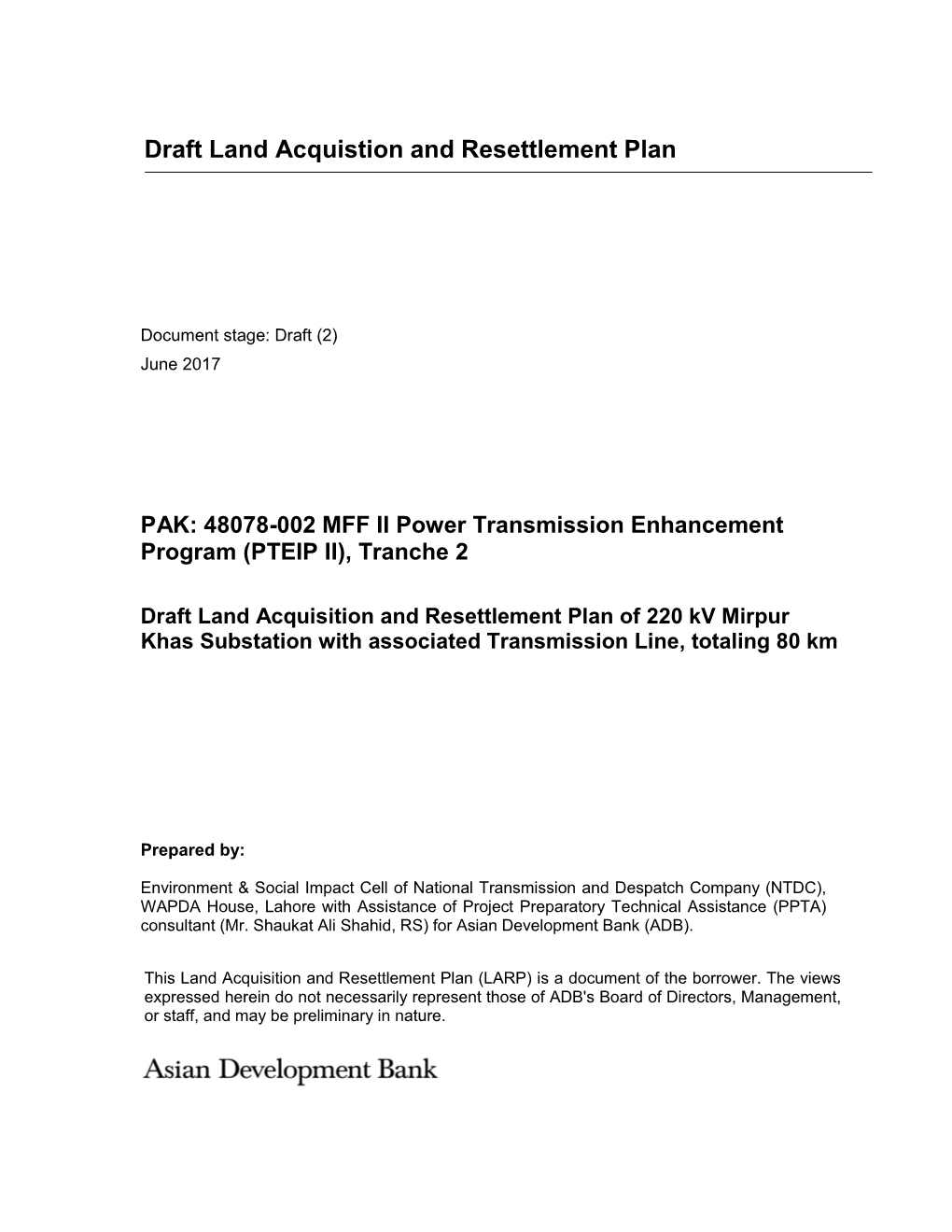 Draft Land Acquistion and Resettlement Plan