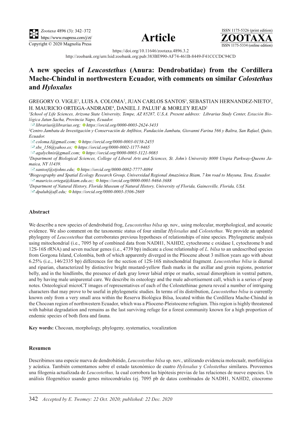 From the Cordillera Mache-Chindul in Northwestern Ecuador, with Comments on Similar Colostethus and Hyloxalus