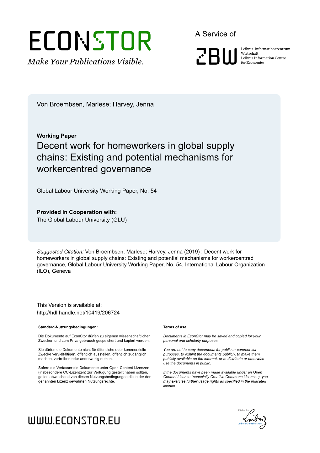 Decent Work for Homeworkers in Global Supply Chains: Existing and Potential Mechanisms for Workercentred Governance