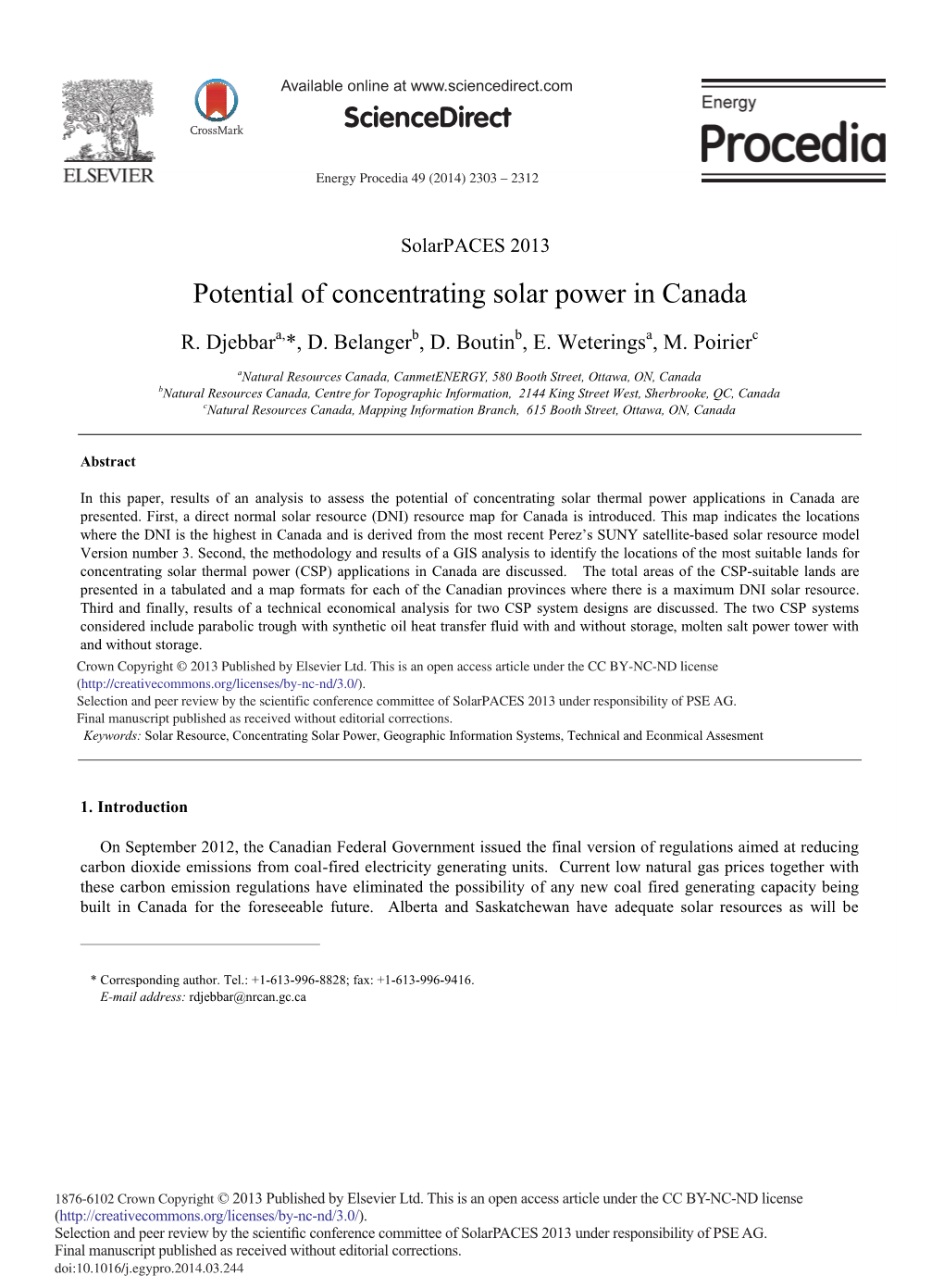 Potential of Concentrating Solar Power in Canada