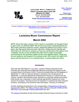 Louisiana Music Commission Report March 2002