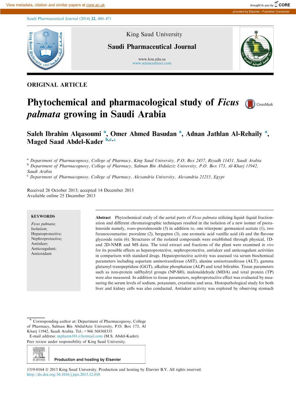 Phytochemical and Pharmacological Study of Ficus Palmata Growing in Saudi Arabia