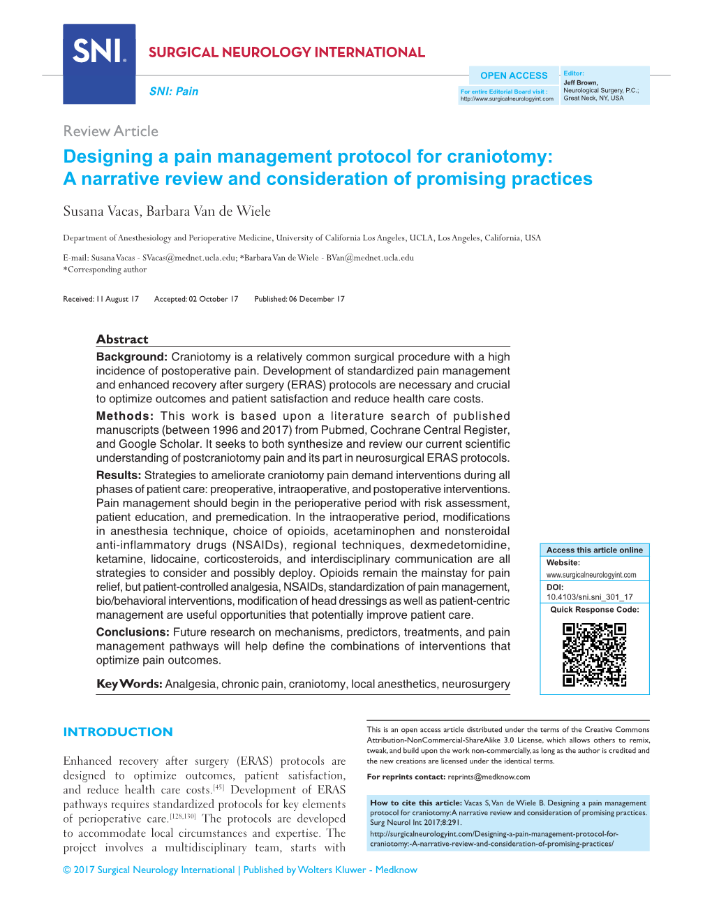 Designing a Pain Management Protocol for Craniotomy: a Narrative Review and Consideration of Promising Practices Susana Vacas, Barbara Van De Wiele