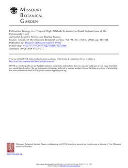 Pollination Biology in a Tropical High-Altitude Grassland in Brazil: Interactions at the Community Level Author(S): Leandro Frei