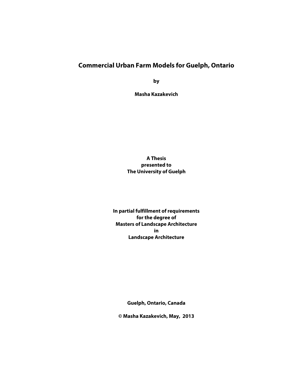 Commercial Urban Farm Models for Guelph, Ontario