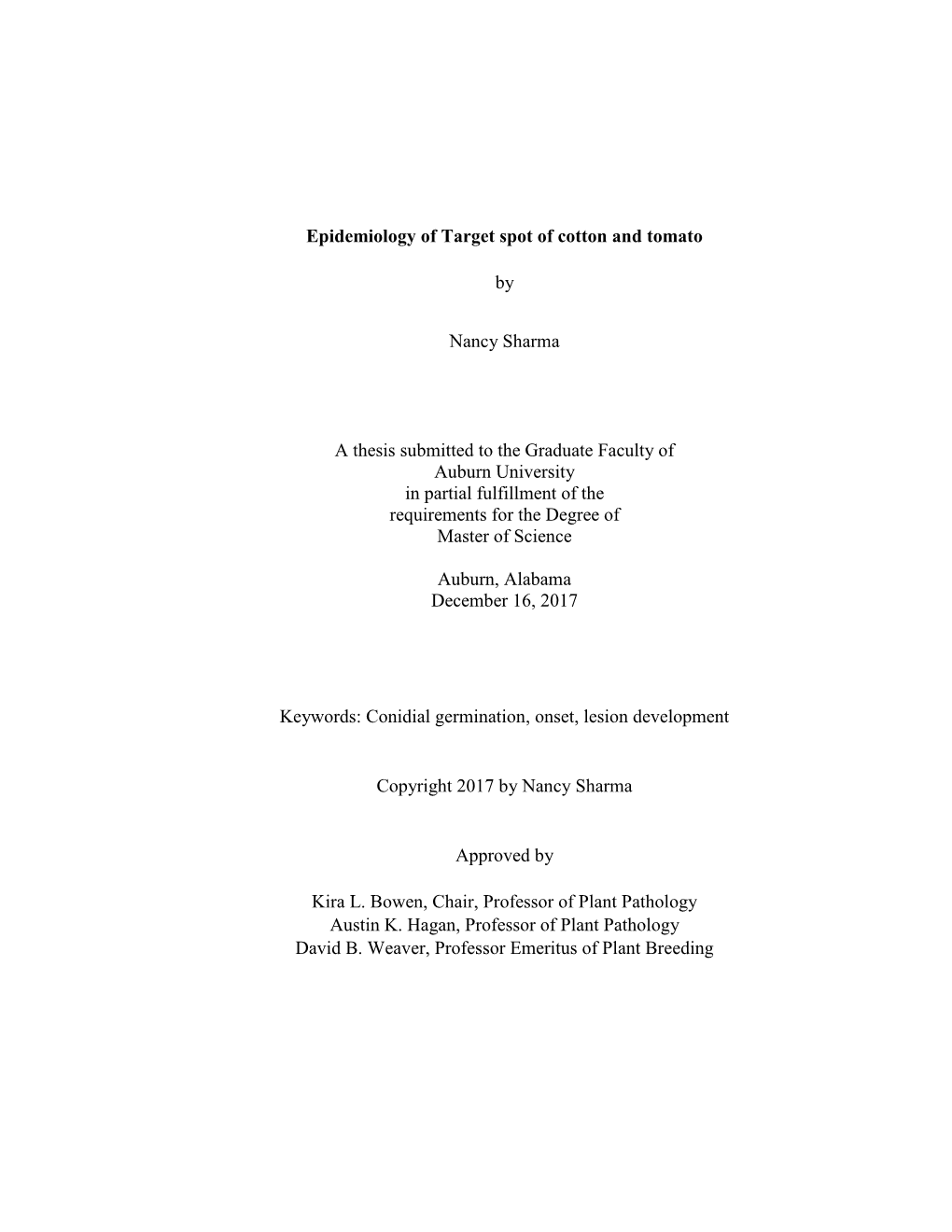 Epidemiology of Target Spot of Cotton and Tomato by Nancy Sharma A