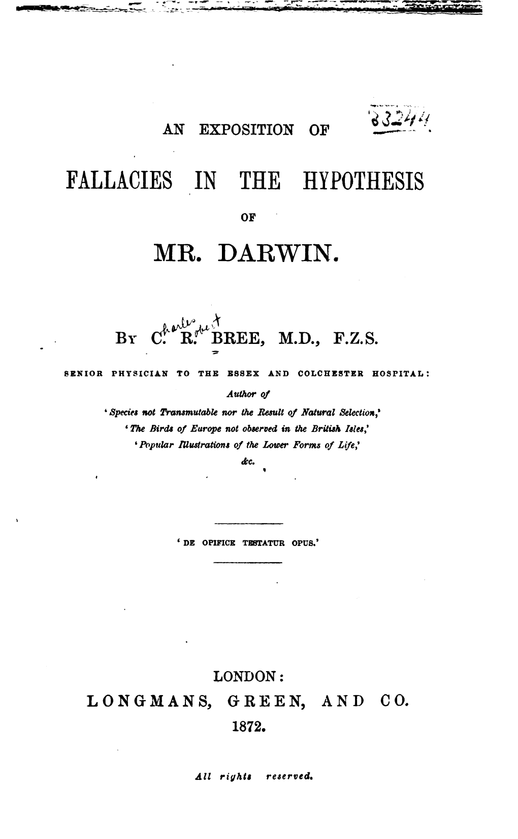 An Exposition of Fallacies in the Hypothesis of Mr. Darwin