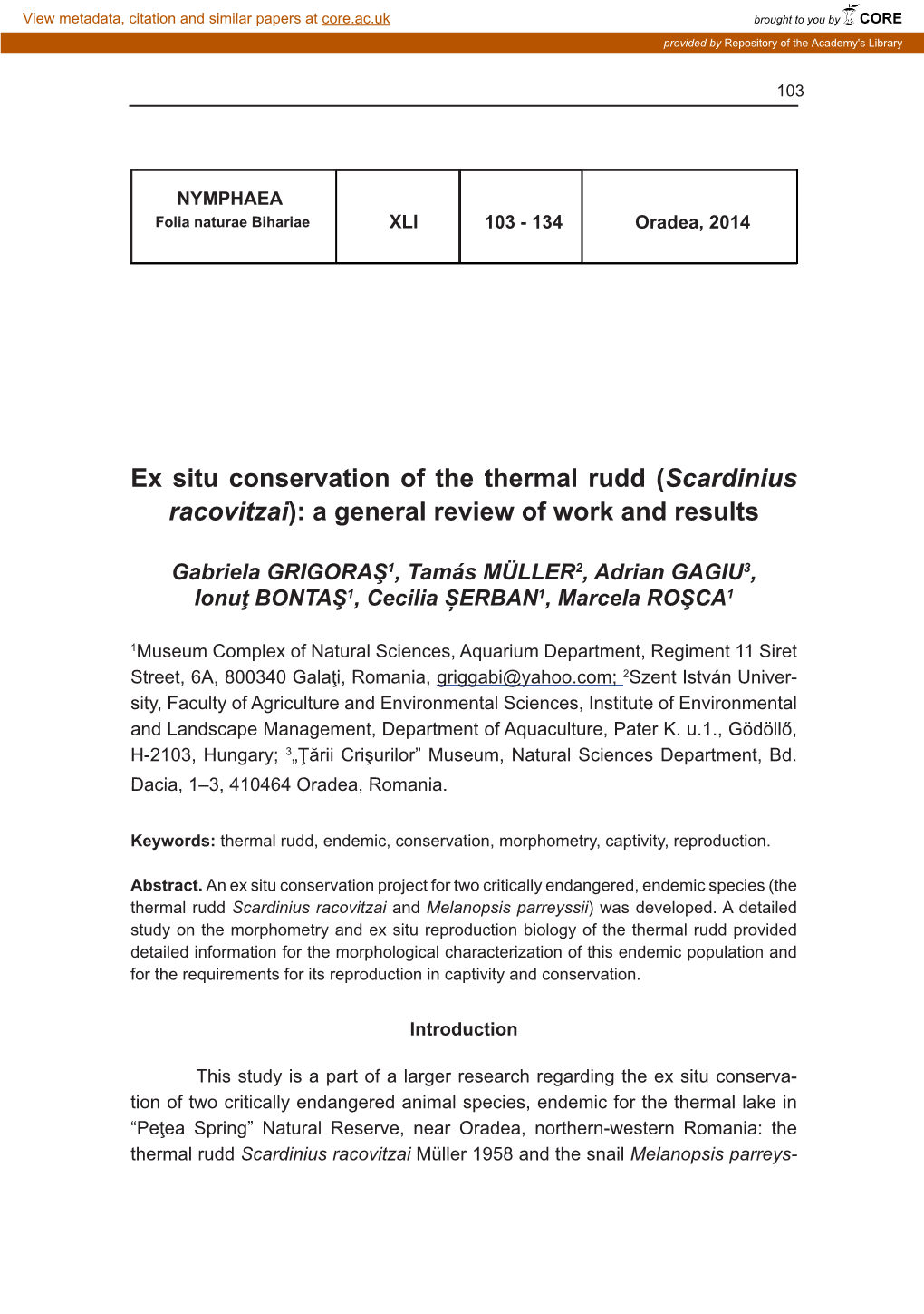 Scardinius Racovitzai): a General Review of Work and Results