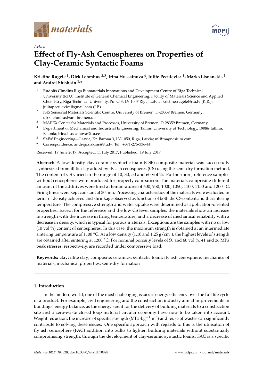 Effect of Fly-Ash Cenospheres on Properties of Clay-Ceramic Syntactic Foams