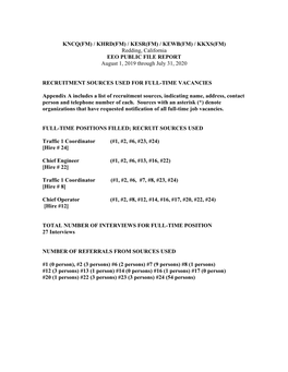 KNCQ(FM) / KHRD(FM) / KESR(FM) / KEWB(FM) / KKXS(FM) Redding, California EEO PUBLIC FILE REPORT August 1, 2019 Through July 31, 2020