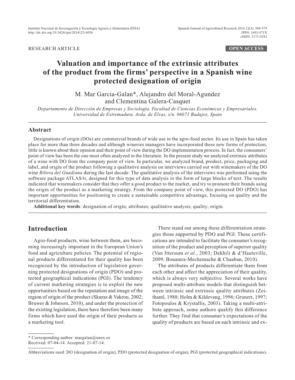 Valuation and Importance of the Extrinsic Attributes of the Product from the Firms’ Perspective in a Spanish Wine Protected Designation of Origin M